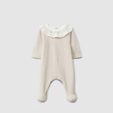 Sand Ribbed velvet babygrow with ruffled collar