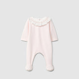 Pink Ribbed velvet babygrow with ruffled collar