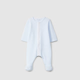 Blue Babygrow with cross stitch embroidery detail