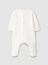 Blue Babygrow in velvet with print fabric detail &print bath towel