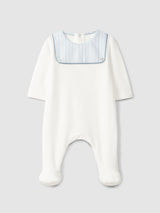 Blue Babygrow in velvet with print fabric detail &print bath towel
