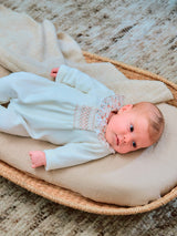 Off-White Velvet babygrow with ruffled collar and smocking