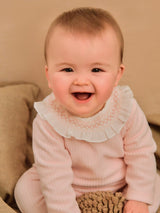 Pink Ribbed velvet babygrow with ruffled collar