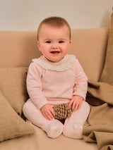Pink Ribbed velvet babygrow with ruffled collar