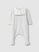 Light Grey babygrow in velvet & print bath towel