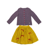 Purple Blouse-Red Buttons & Yellow Skirt