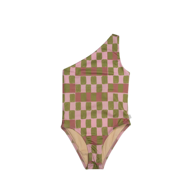 Squares One-Shoulder Swimsuit with matching swimming shorts