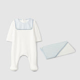 Blue Babygrow in velvet with print fabric detail &print bath towel