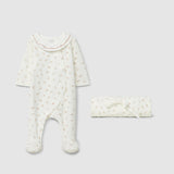 Old Pink Babygrow in floral velvet ruffled collar & Blanket