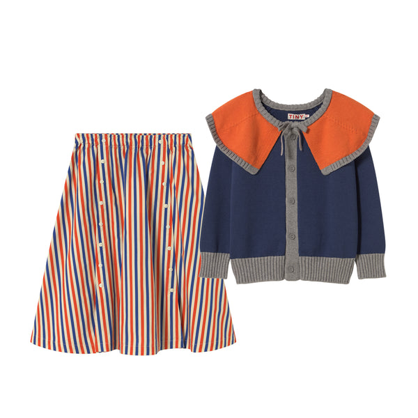 Color Block Cardigan & Stripes Woven Long Skirt