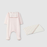 Pink Babygrow in velvet with print fabric & bathing towel
