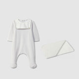 Light Grey babygrow in velvet & print bath towel