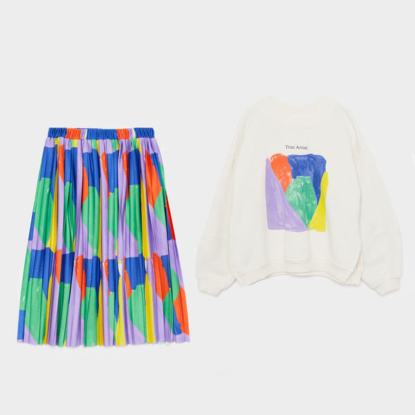 Kaleidoscope Pleated Skirt & Positional Sweatshirt