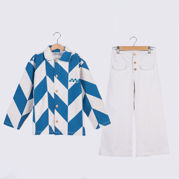 Blue/ White Shirt with white straight cut trousers (outfit set)