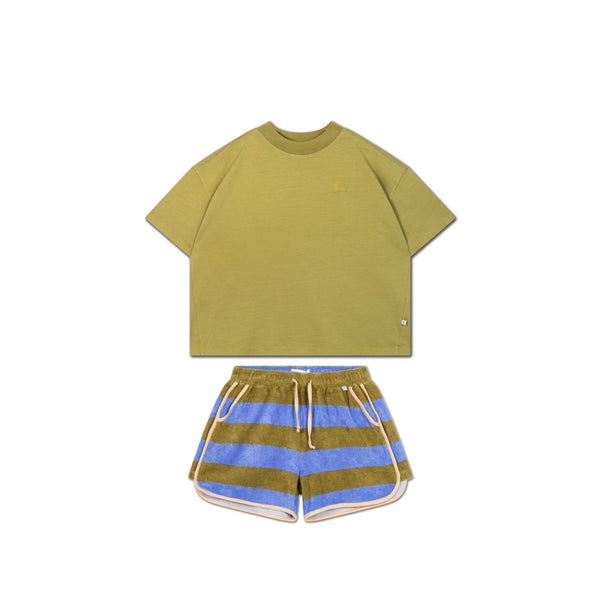 Green boxy Tee & Striped Shorts