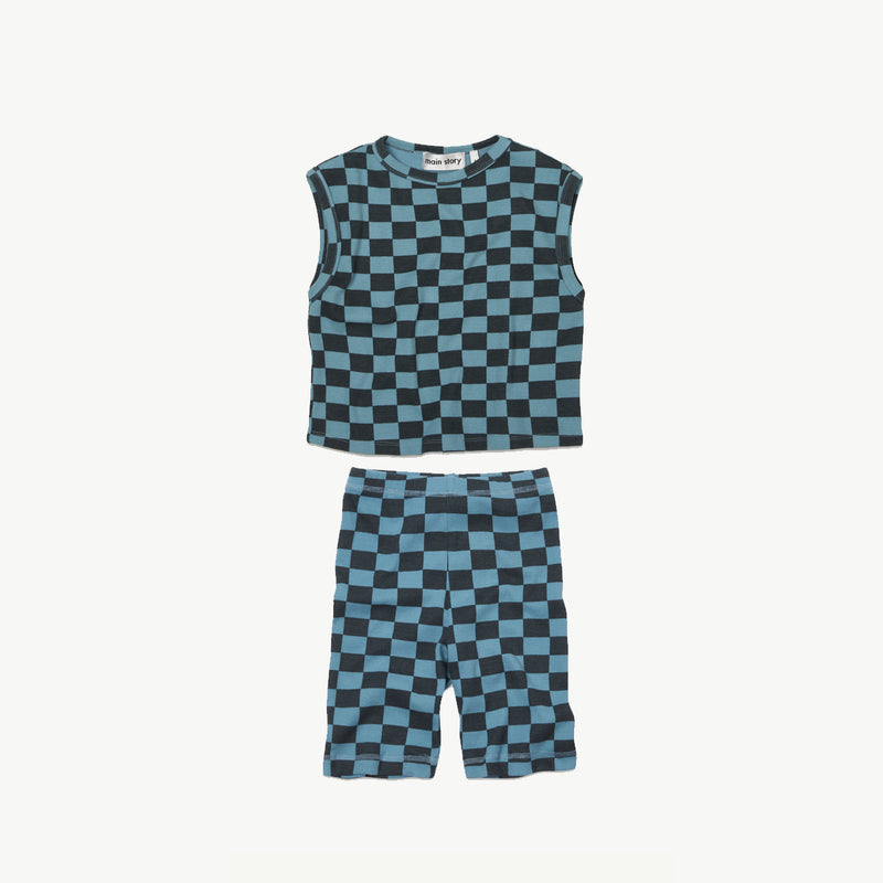 Stone Blue Check Jersey Rib Top & Shorts "Outfit Set"