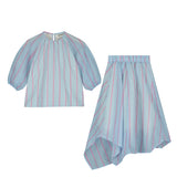 STRIPED PUFF SLEEVE BLOUSE & ASYMMETRICAL SKIRT