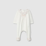 Off-White Velvet babygrow with ruffled collar and smocking