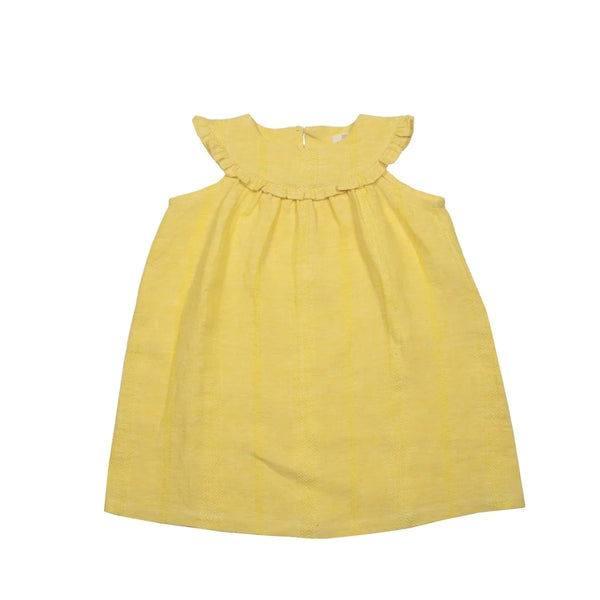 Yellow Textured Linen Baby Lace Collar Dress