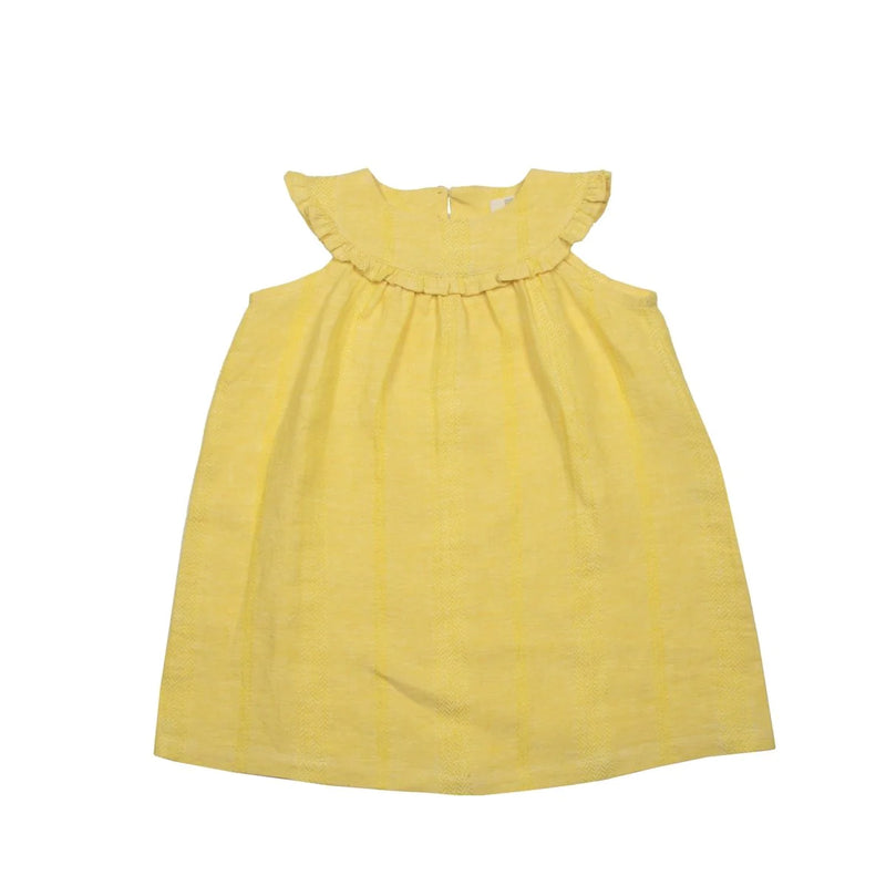 Yellow Textured Linen Baby Lace Collar Dress