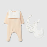 Salmon Babygrow with embroidery & a Pack of 2 bibs