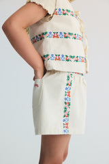 Flower Embroidery Natural Denim 3 PCS  Outfit Set