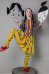Purple Blouse-Red Buttons & Yellow Skirt