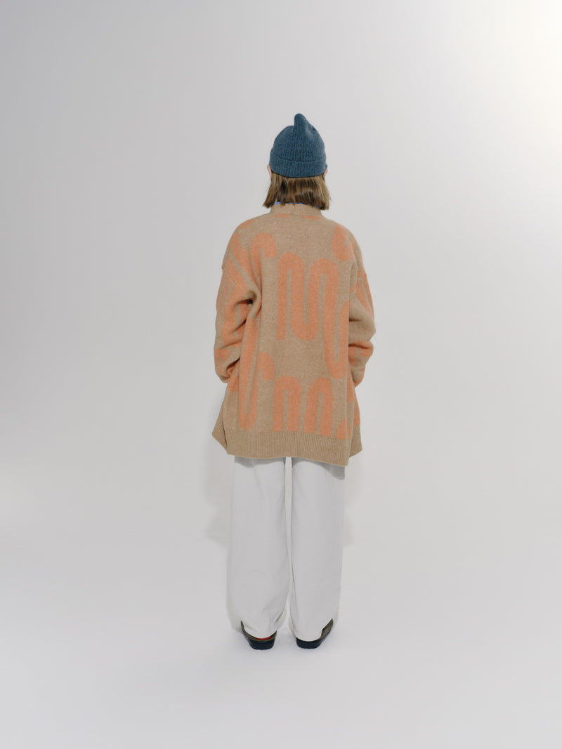 Camel/Coral Squiggle Knit Cardigan