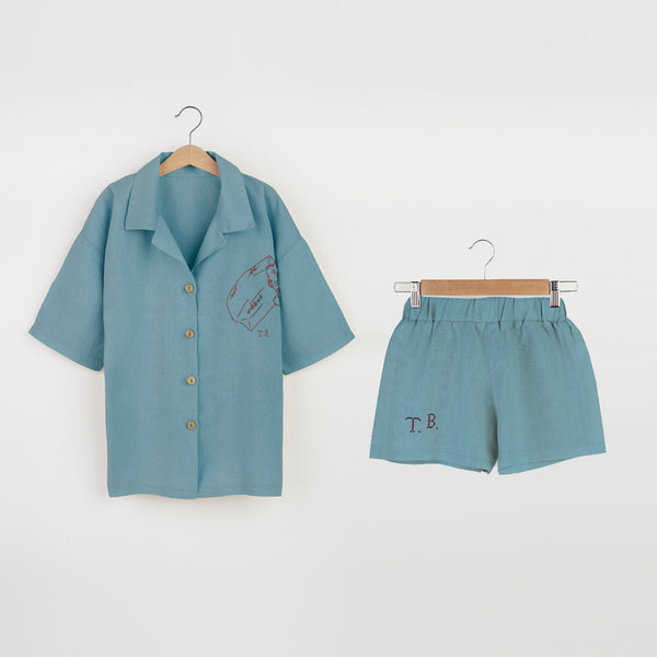 DYED EMBROIDERED SHIRT & SHORT (BLUE) "Outfit set"