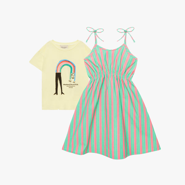 Soft yellow Rainbow t-shirt 2  &  Stripes green and pink - fluor dress (Outfit Set)