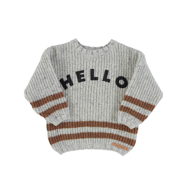 knitted sweater | light grey w/ "hello" front print