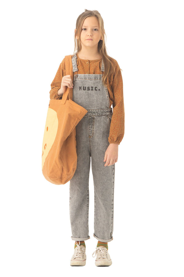 unisex dungarees | washed grey denim w/ "music" print