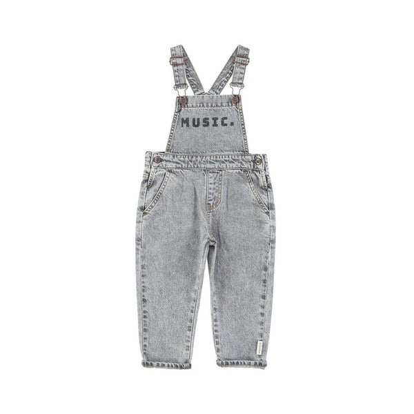 unisex dungarees | washed grey denim w/ "music" print