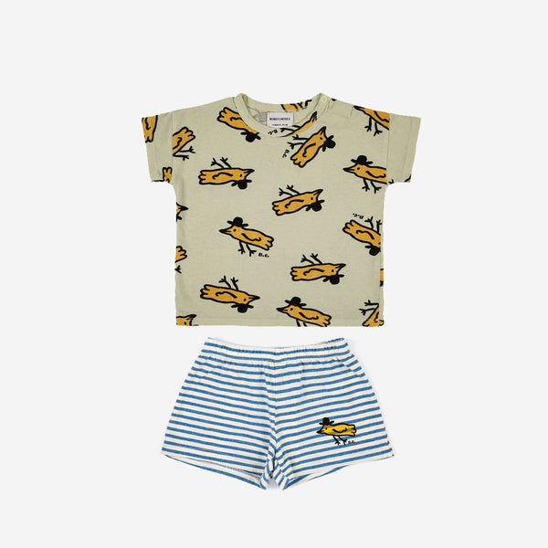 Mr Birdie all over T-shirt & Blue Stripe shorts"Outfit set"