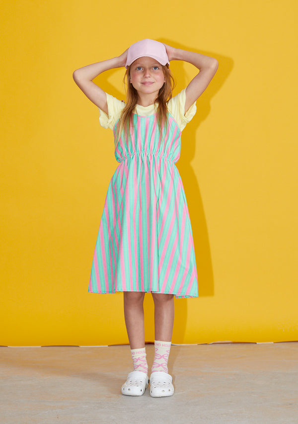 Soft yellow Rainbow t-shirt 2  &  Stripes green and pink - fluor dress (Outfit Set)