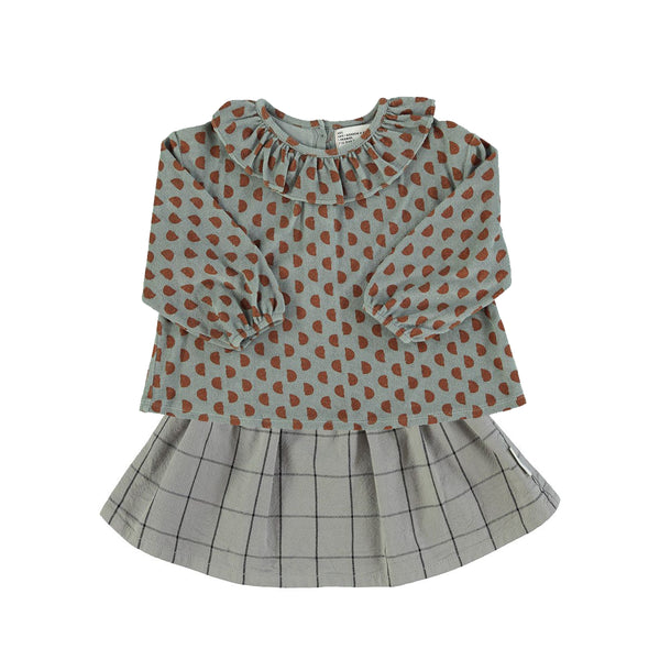 collar terry blouse & mini skirt w/ frilled waist | grey checkered "Outfit set"