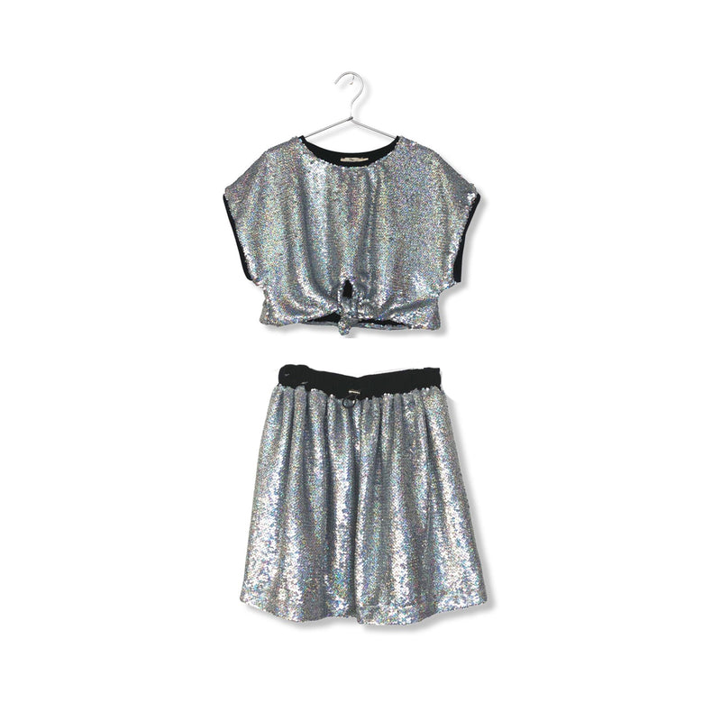 TIE-FRONT SEQUINED TOP & SEQUINED MIDI SKIRT (Outfit set)